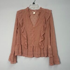 HM Womens Size 12 Dusty Rose Eyelet Swiss Dot Ruffle Peplum Blouse V-Neck Top